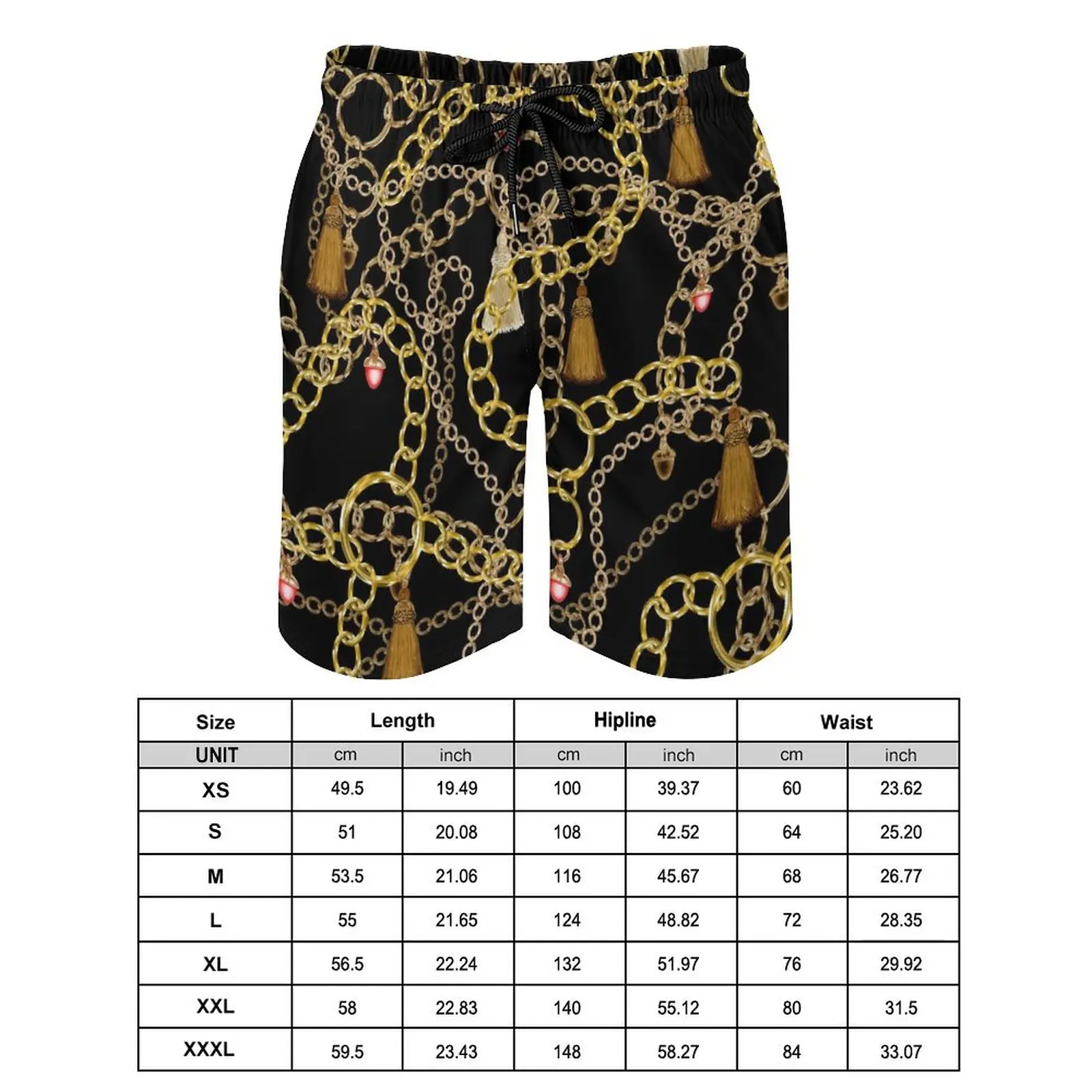 Gold Chains Board Shorts Summer Jewelry Print Surfing Beach Shorts Male Quick Dry Classic Pattern Oversize Beach Trunks