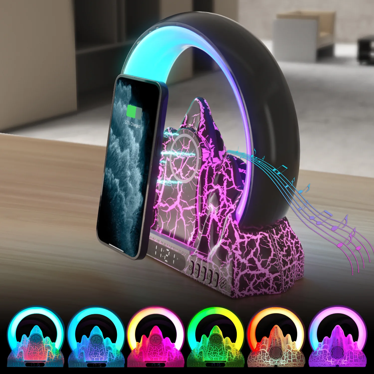

Flaming Mountain Sunrise Wake-up Light Graffiti Smart App Wireless Charging Bluetooth Audio Atmosphere Small Night Desk Lamp