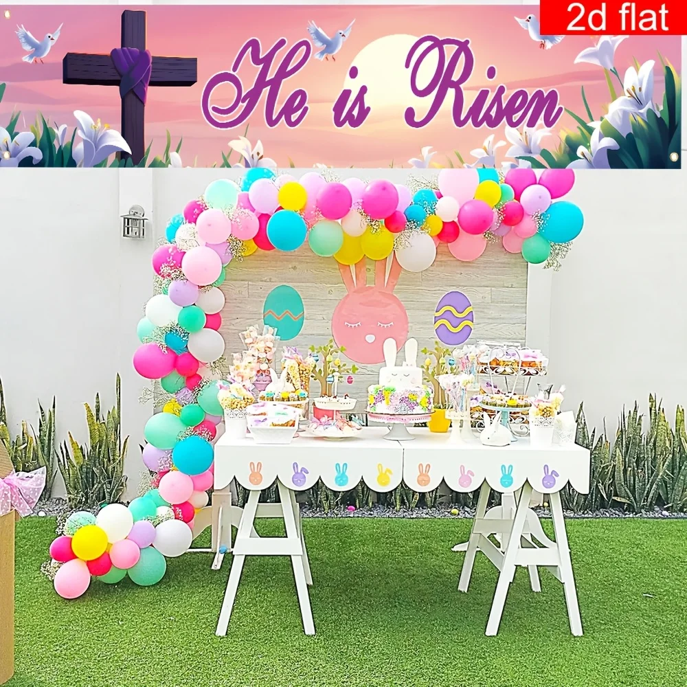 He Is Risen Happy Easter Cross Banner - Single Piece Large Rectangular Spring Cottage Indoor Outdoor Photo Booth Backdrop