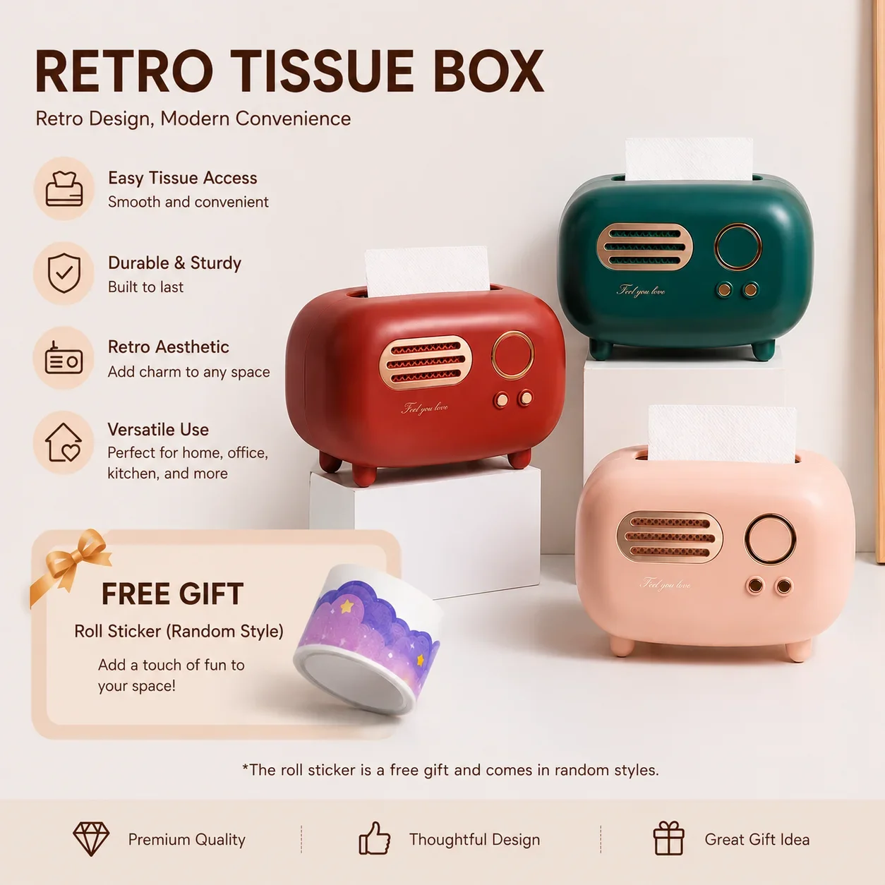 Retro Radio Shape Tissue Cover Box, Creative Storage Box with Slide Out Bottom Easy Refill Sturdy Build, Vintage Design Countertop Organizer for Kitchen Bathroom Vanity Bedroom Dresser Nightstand Office Desk Living Room Side Table Home Decoration