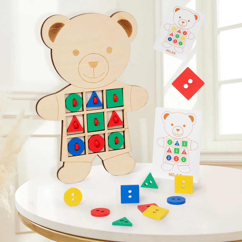 Gioco per infilare bottoni in legno con orsetto Giocattolo educativo per l'apprendimento con pulsanti con codice colore Riconoscimento della forma e regalo di coordinazione occhio-mano