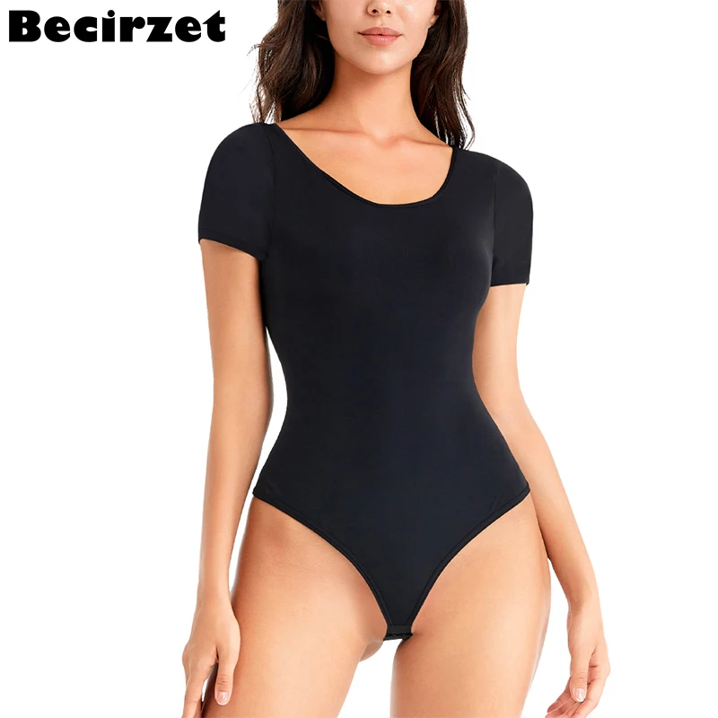 Women Skinny Bodysuit Body Shaper Short-Sleeve Underwear Wear Outside Stretch Fasten Waist Trainer Shapewear