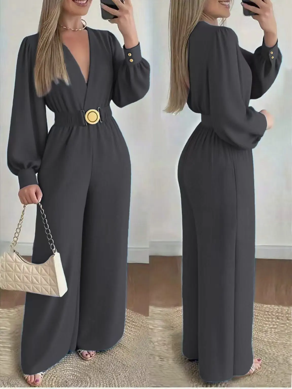 Deep V-neck jumpsuit with wide legs for slimming and fashionable style