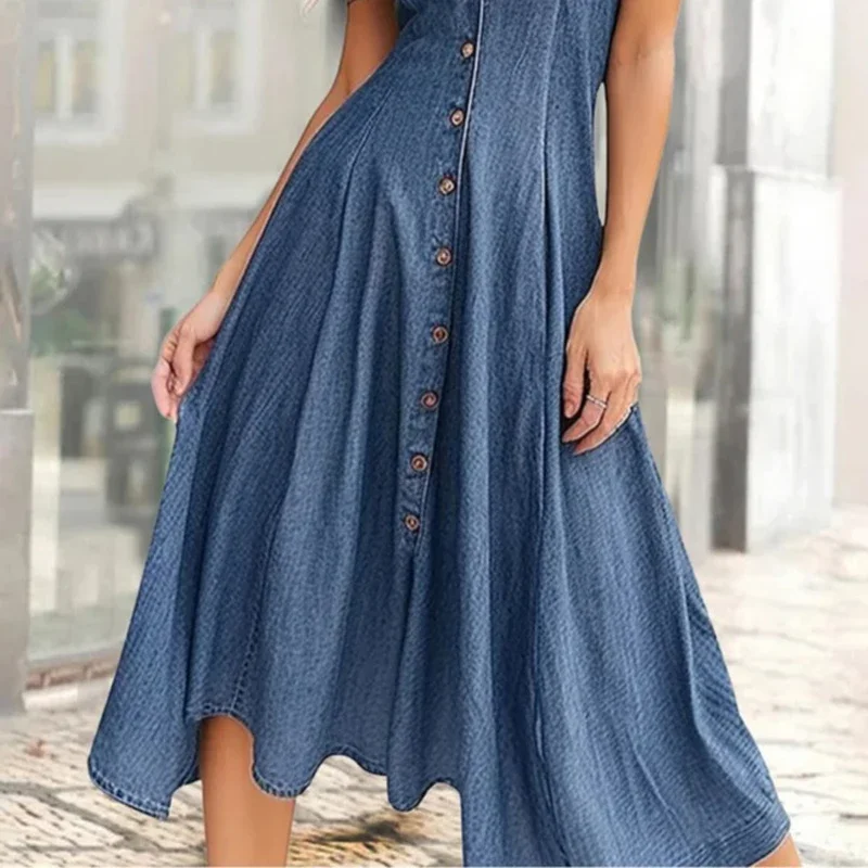 Verão nova cor sólida feminina casual solto denim manga curta longa fenda camisa vestidos mangas de ombro botão acima vestido feminino