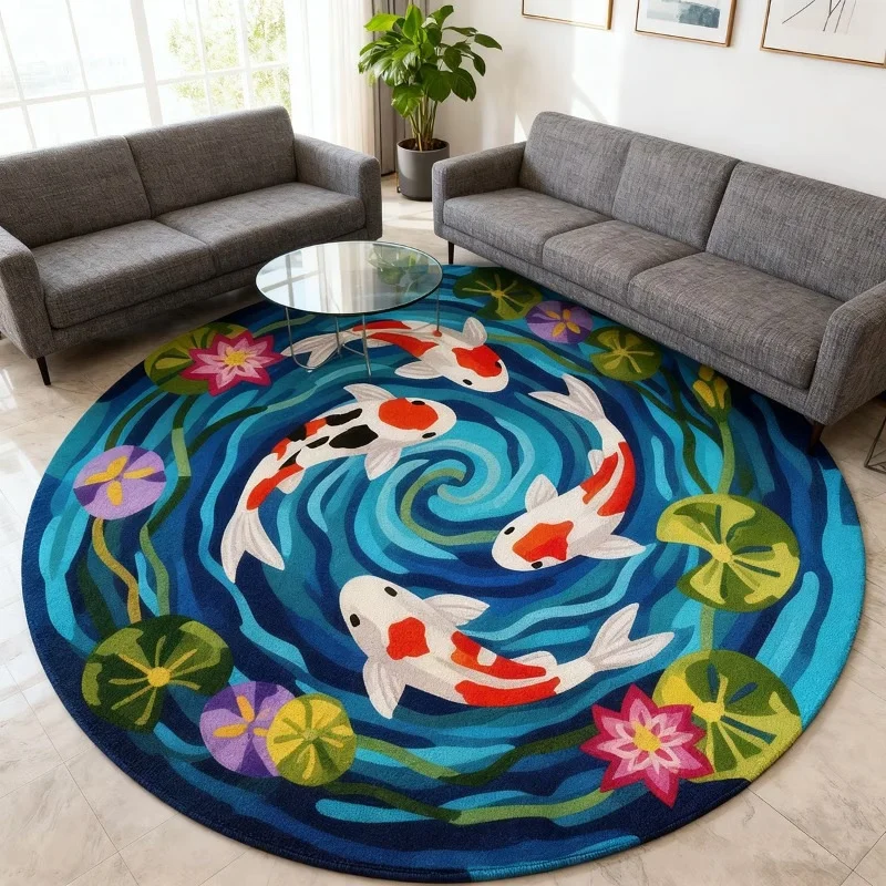 VIKAMA Round Koi Fish Lotus Pond Printed Area Rug Non Slip Water Absorbent Circular Floor Mat Living Room Home Decor
