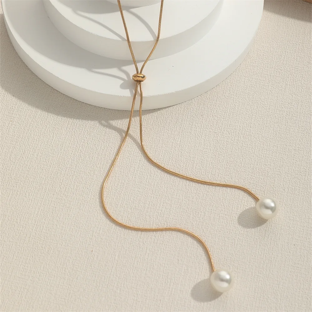 Simple Faux Pearl Pendant Adjustable Long Sweater Chain Necklace Female Necklace Jewelry Ornament Gift image 4