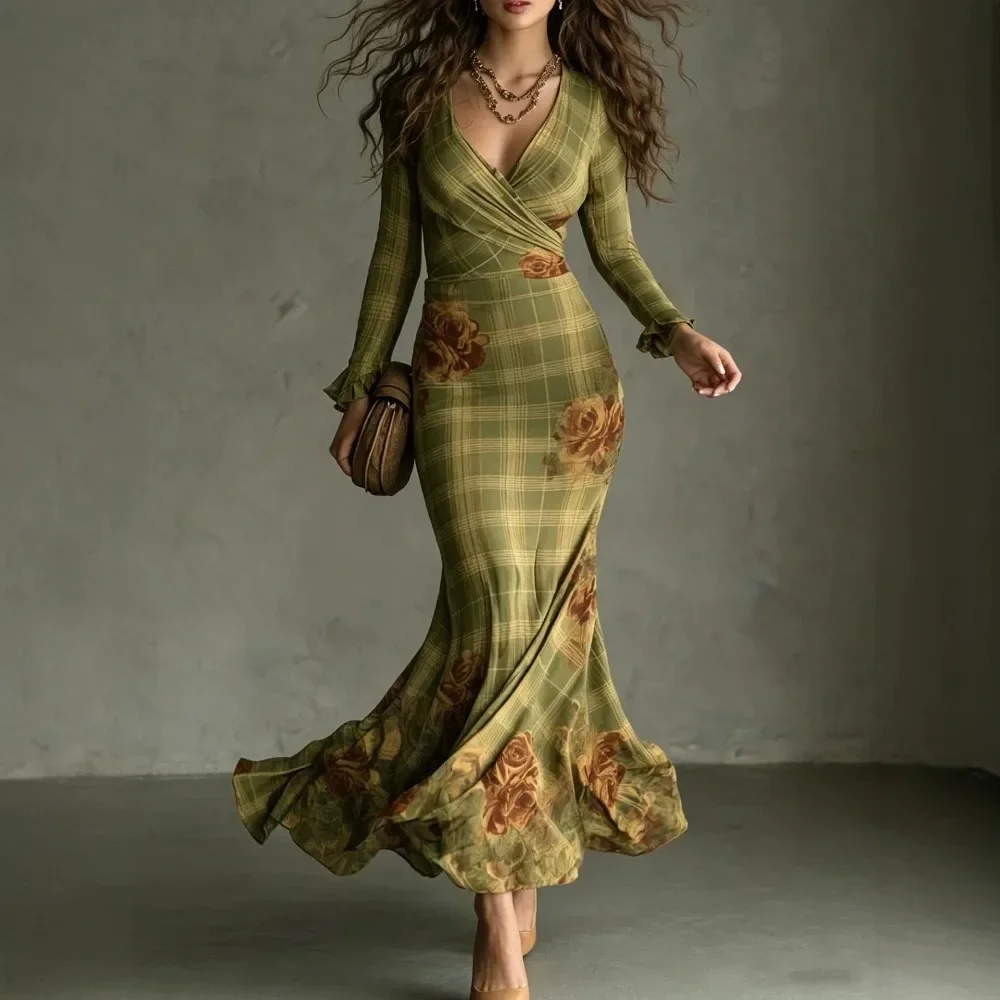 Women Vintage Oil Painting Rose Print Maxi Dress Deep V Cross Waist Elastic Slim Mermaid Dress Vacation Evening Party