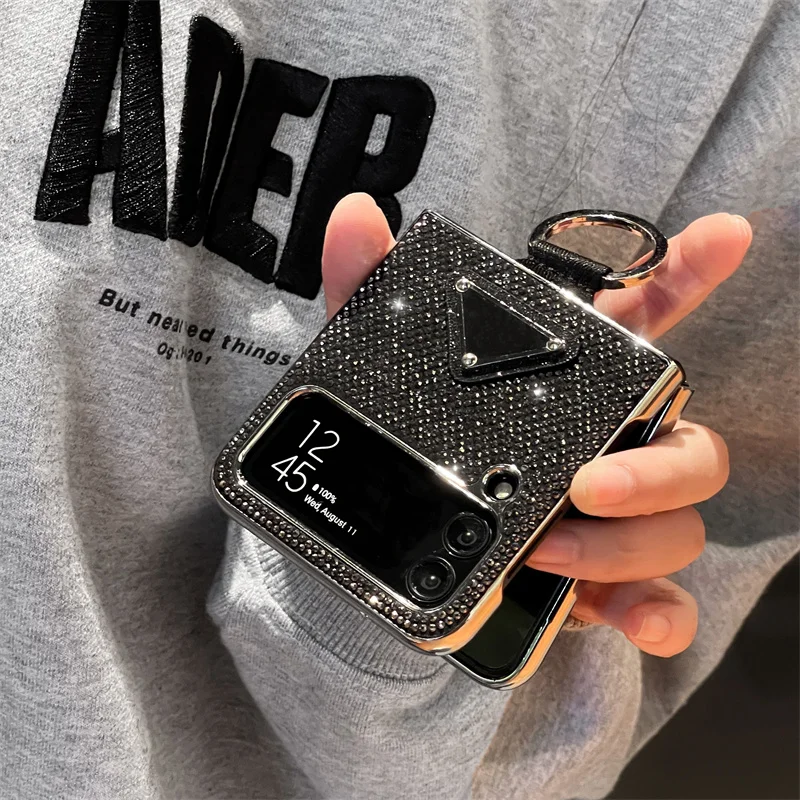 Luxury Bling Glitter Plating Phone Case For Samsung Galaxy Z Flip 4 3 Z Flip3 Flip4 5G Cover with Ring Cute Protective Cases