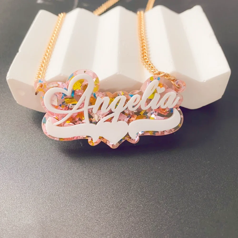 LeeChee Personalized Acrylic Shiny Colorful Background Colorful Pink Customized Name Necklace Unique Cute Giril's Gift