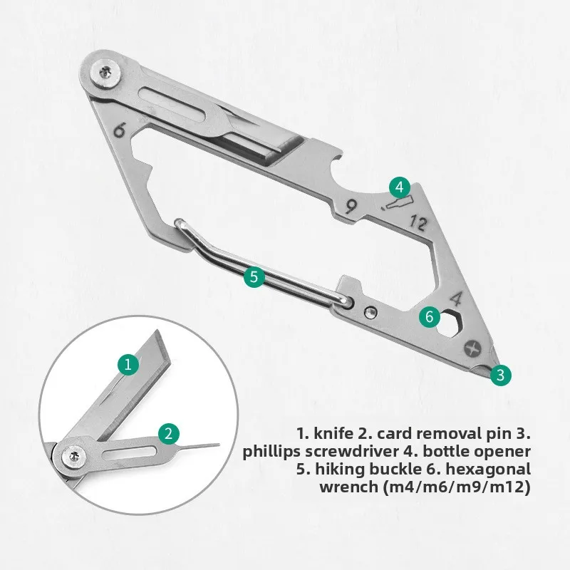 6-in-1 Multifunctional Carabiner Clip with Foldable Knife - EDC Outdoor Keychain Accessories, Stainless Steel Survival Gear - Image 4