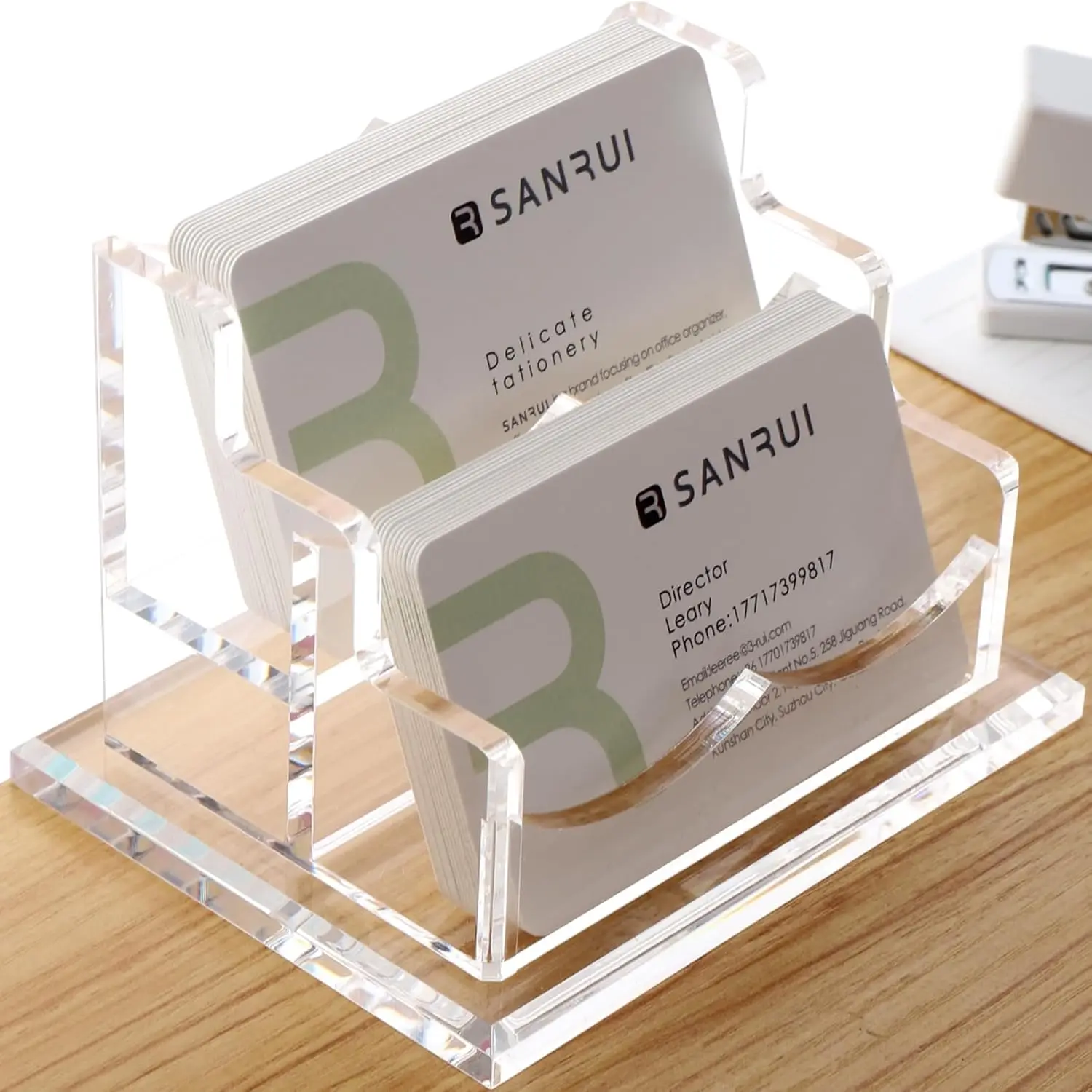 

Прозрачная акриловая подставка для визиток с устойчивым основанием, 2 слота для настольного размещения, прочная и устойчивая к царапинам