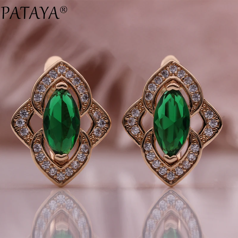 PATAYA New Rhombus Green Earrings Women Fashion Wedding Cute Fine Jewelry 585 Rose Gold Color Natural Zircon Dangle Earrings