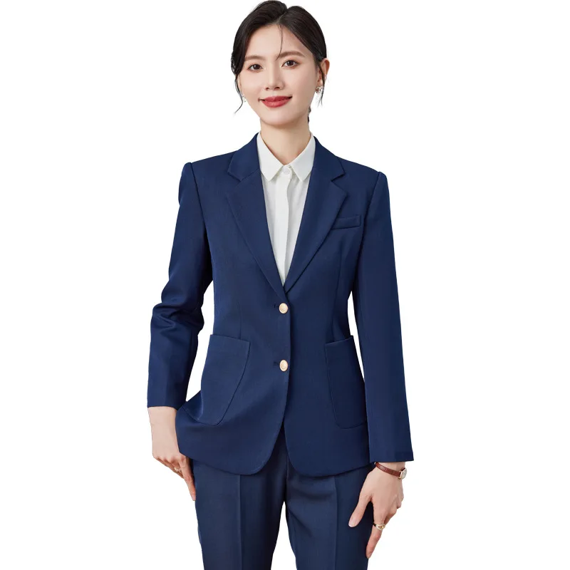 Conjunto de traje azul para mujer, ropa Formal profesional, primavera y otoño, novedad de 2023, chaqueta de traje de alta gama para gerente de Hotel, ropa de trabajo