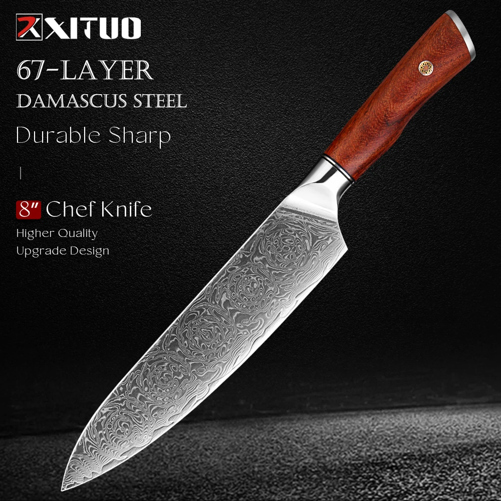 

XITUO Japanese Chef Knife, Rosette Damascus Steel, 8 Inch Ultra Sharp Professional Kitchen Slicing Knife with Redwood Handle