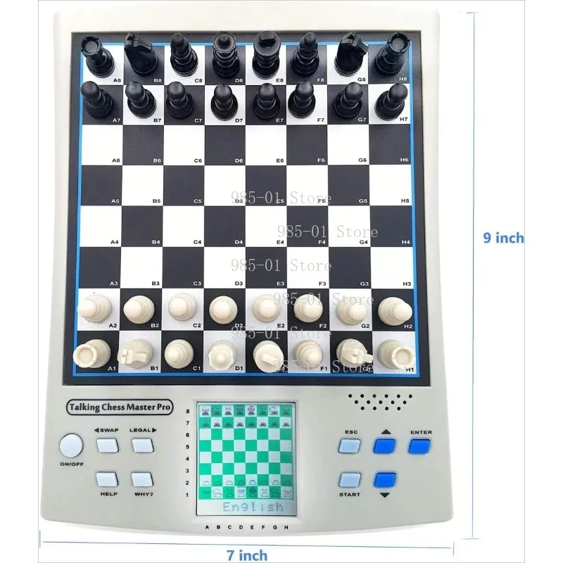 Electronic chess computer for beginners, magnetic chess pieces, built-in teaching program with English & German voice