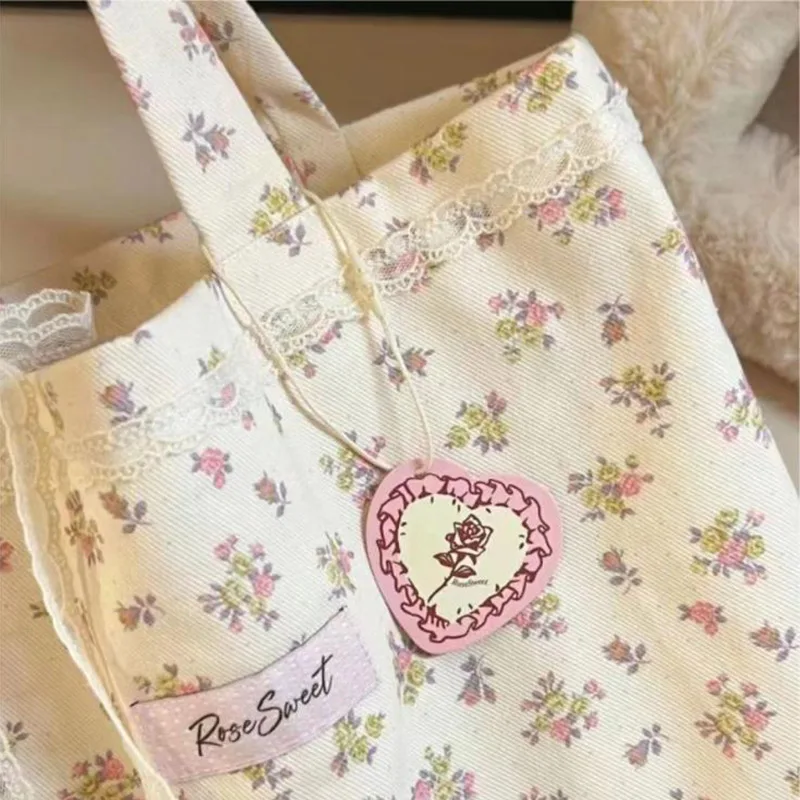 Women Large Capacity Canvas Tote Bag Sweet Yellow Floral Print Lace Forest Bow Wide Shoulder Strap Canvas Bag