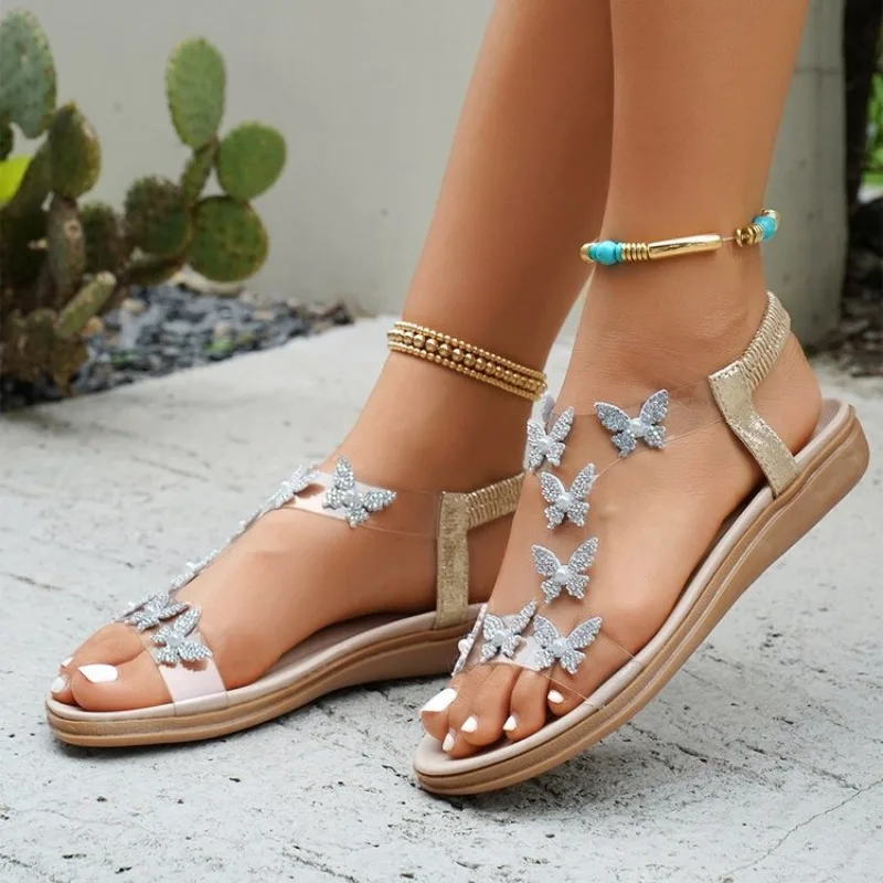 Comfortable Flat Sandals Women Big Size Summer Shoes Woman Bohemia Flowers Rhinestone Beach Ladies Shoes Thongs Plus Size 41 42