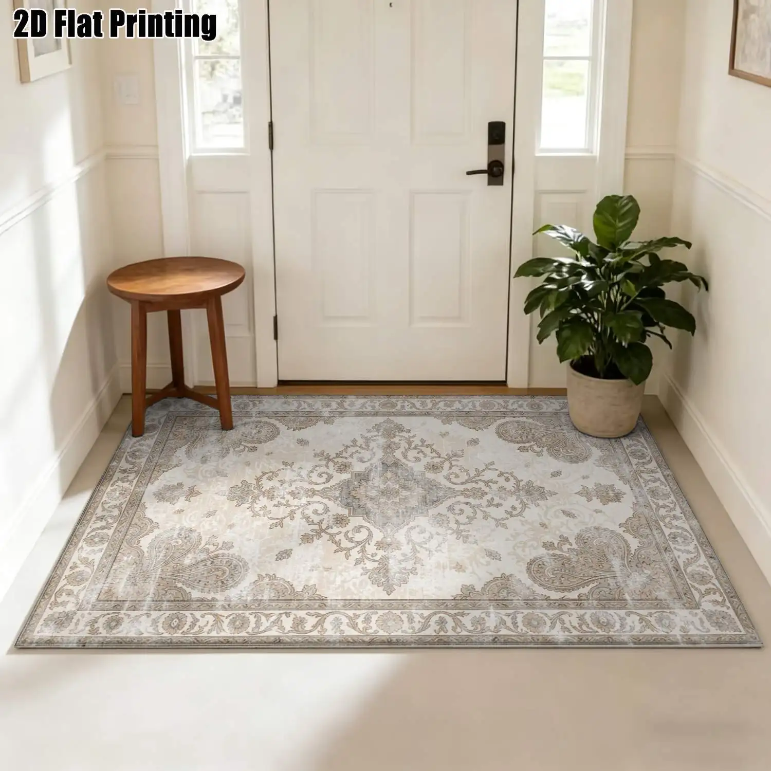 1Pc 2D Printed Beige Retro Geometric Bohemian European Carpet, Multi-Size, Machine Washable, for Entrance, Dining, Foyer, Bedroom, Living Room Home Decor