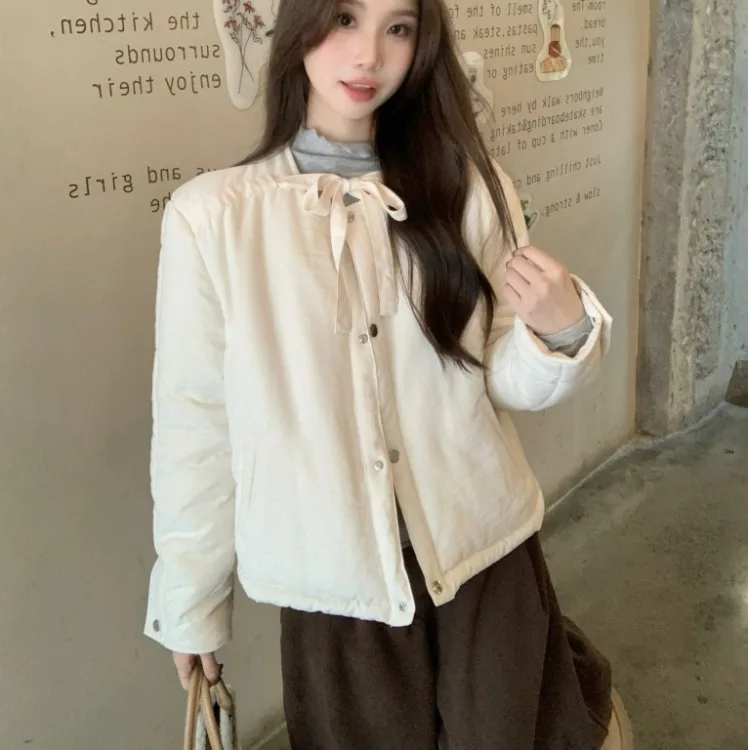 Women's Cotton Jaet Autumn Winter Korean Sle Chic Versatile Sweet Fre College Sle round Ne Dstring Top