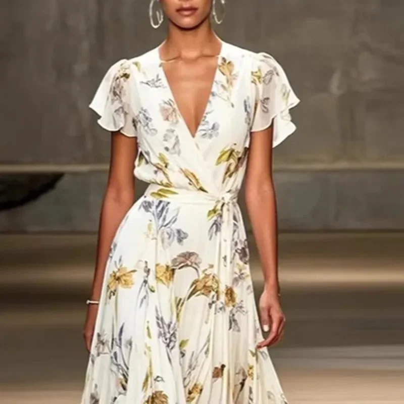 Casual Wrap V Neck High Waist Summer Dress Woman Elegant Floral Print Ruffles A-Line Dress Spring Short Sleeve Boho Long Dresses