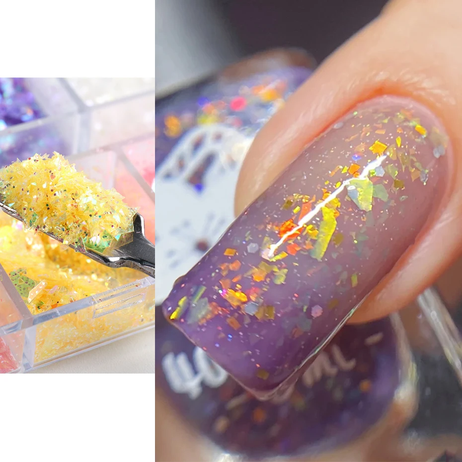 12 Grids 3D Flakes Aurora Nail Glitter Flakes Nail Chunky Sequins  Holographic Opal Powder For Manicure Nails Accessories