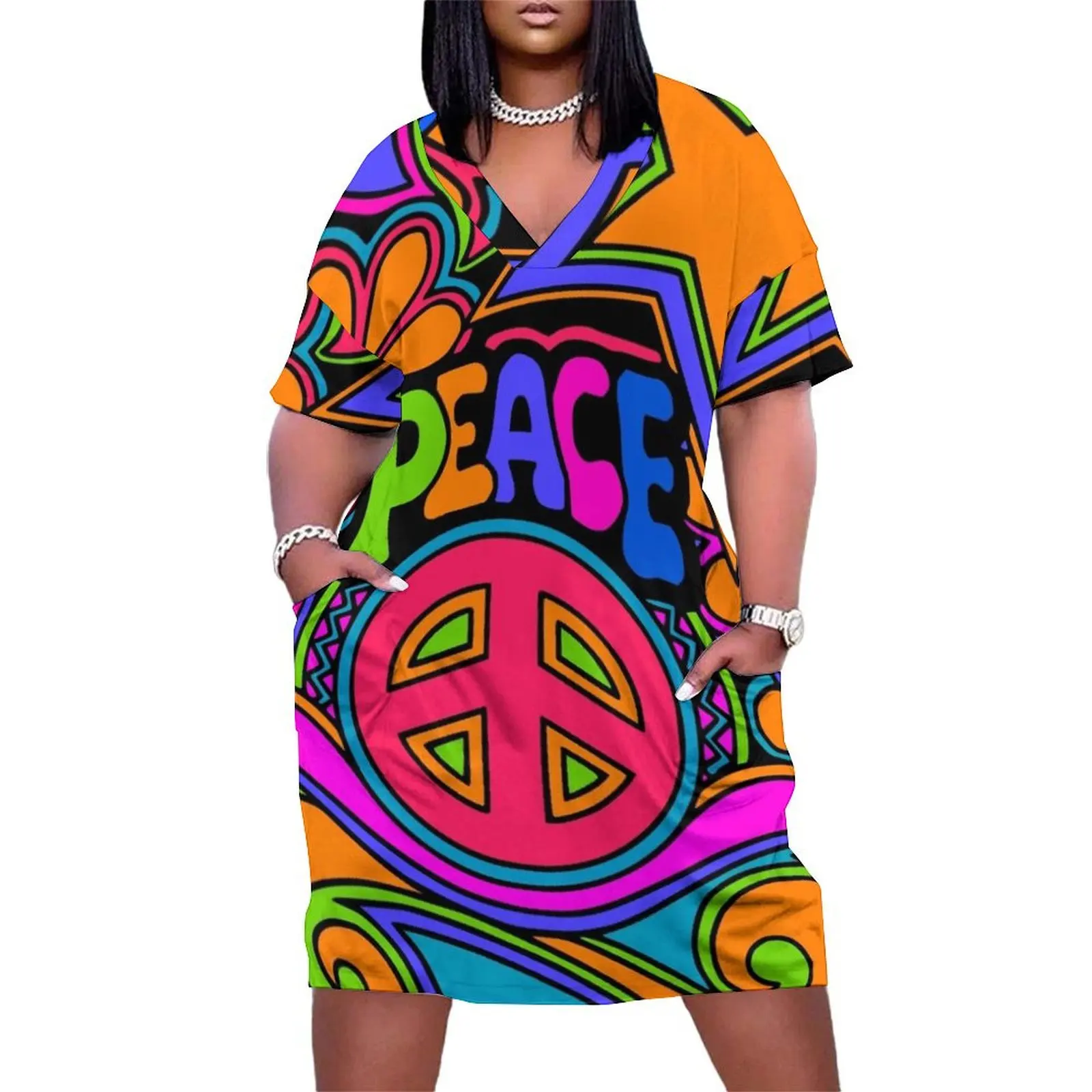 

Fun and Funky Flower Power Peace and Love Hippy Art Loose Pocket Dress Women"s summer dress womens clothing