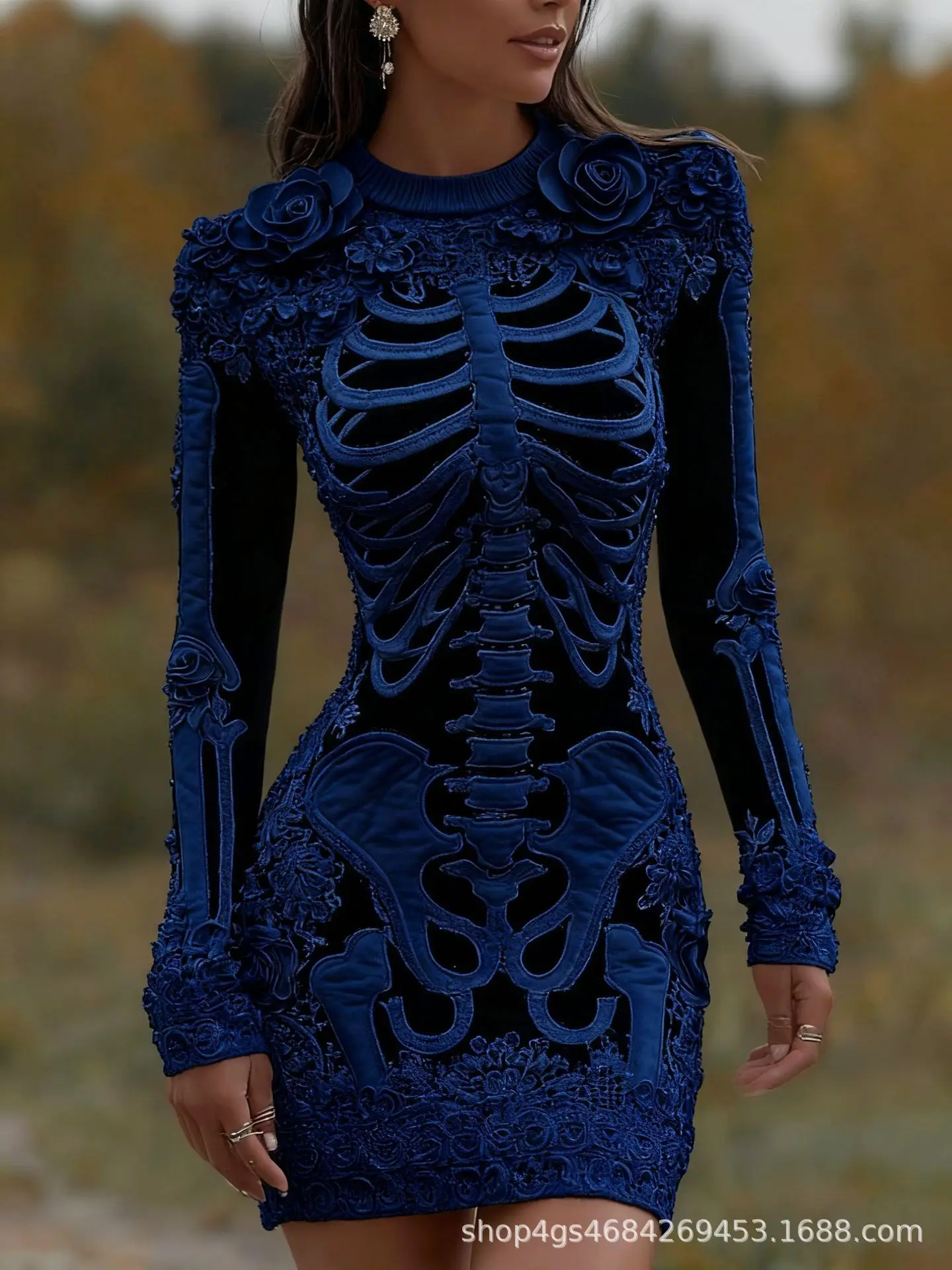 Spooky Gothic Skull Round Neck Sweater Slim-fit Bodycon Dress Halloween Masquerade Performance Clothing for Adults view 5