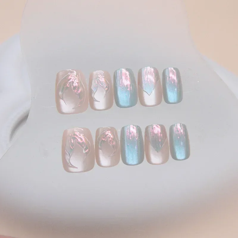 30Pcs Blue Mermaid Cat Eye Fake Nails Press on Short Ballerina False Nails With Glue Art Wearable Artifical Full Cover Nail Tips