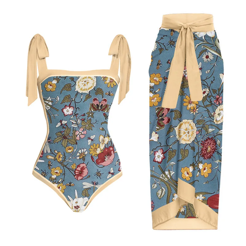 

2026 New Women's Vintage Floral Swimsuit Set Yellow Garden Style One Piece Bikini with Tie Matching Beach Skirt Swimwear