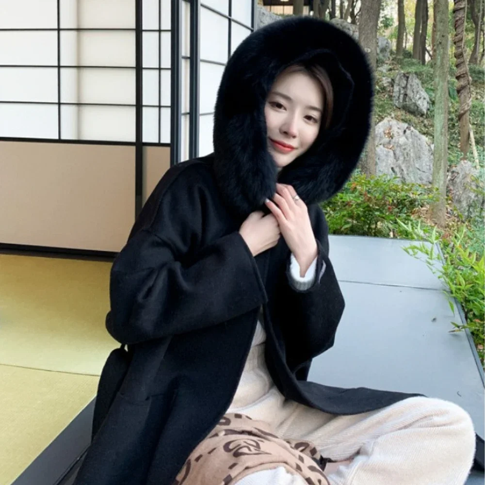 Natural Fox Fur Collar Hooded Cashmere Wool Blends Outerwear Real Fur Wool Coat Winter Jacket for Women Streetwear High Street