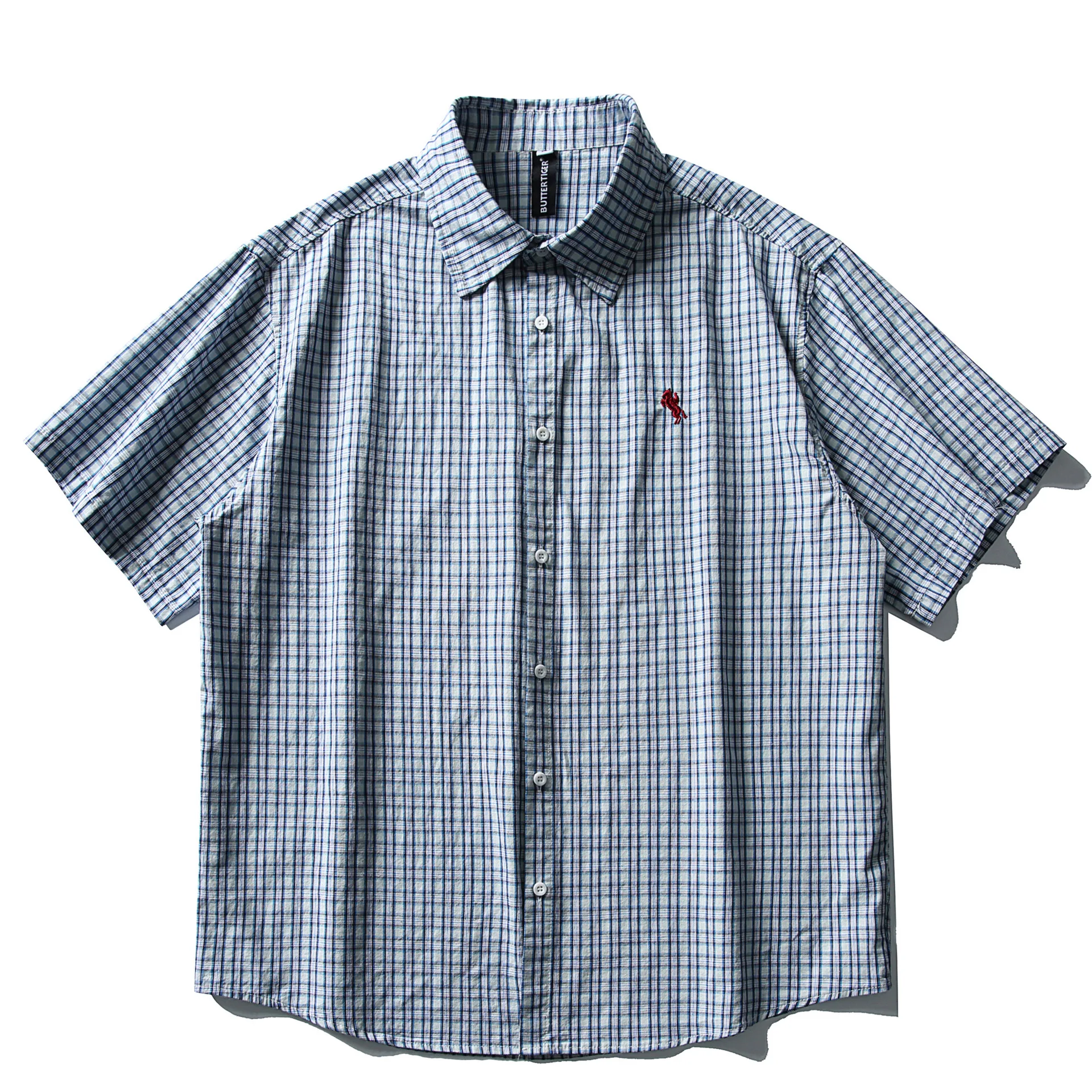 

Summer Japanese Silhouette Embroidered Checkered Short Sleeved Shirt Men and Women Loose Five Quarter Sleeved Workwear Shirt