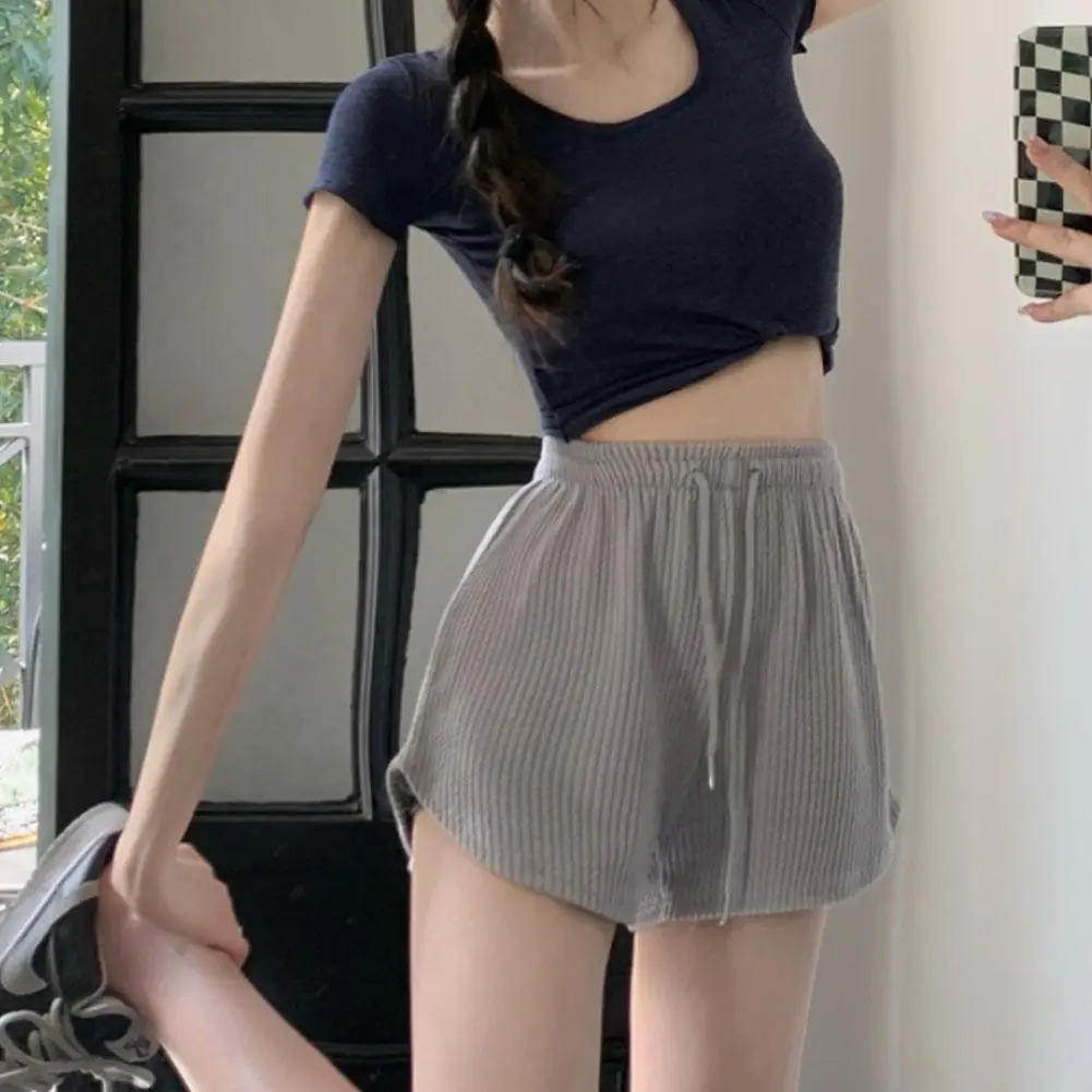 Women New Summer Fitness Running Loose Casual Sports Short PantsPit Stripe Lace-up Drawstring Solid Hight Waist Wide Leg Shorts