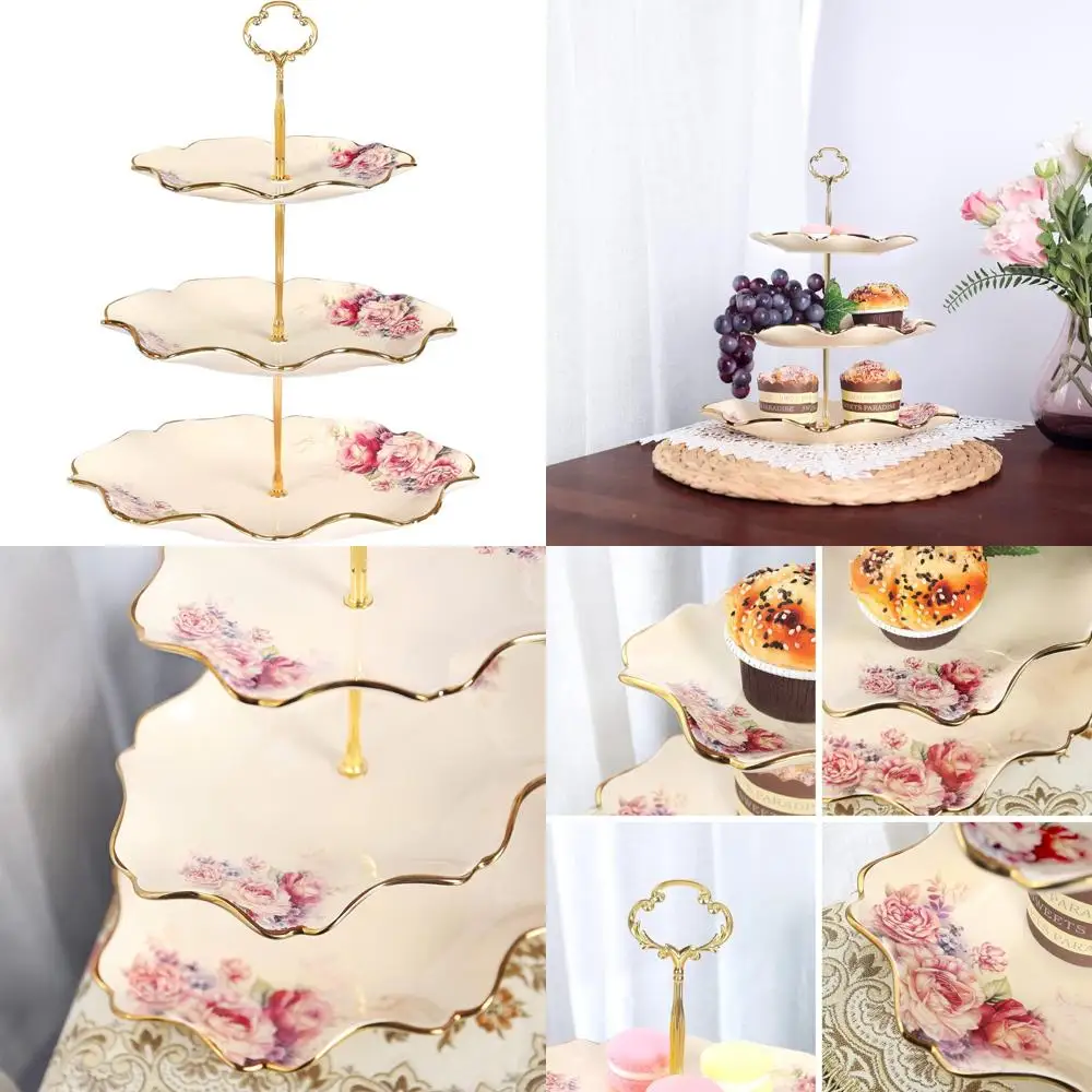 

Elegant 3-Tier Cupcake Stand with Vintage Fruit Design and Gold Accents, Perfect for Celebrations and Gatherings