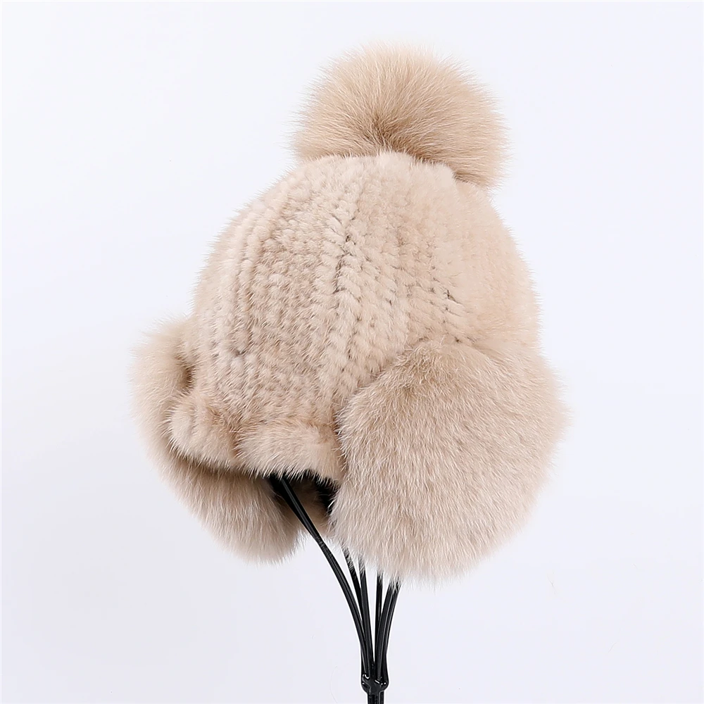 Luxury Women\'s Winter Warm 100% Genuine Mink Fur Knitted Beanie Hat Bomber Caps Fox Fur Ear Warmer Cover Hats Pom Pom Elastic