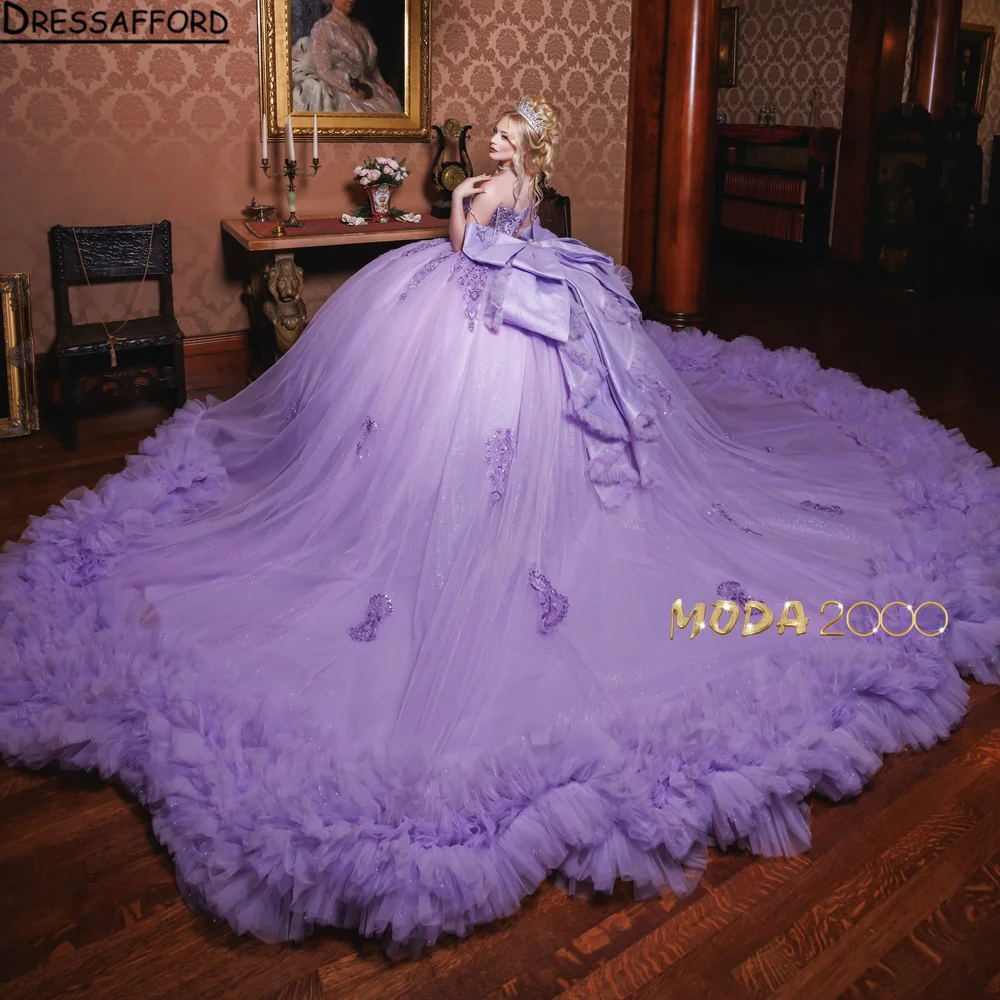 

Лиловое бальное платье для девочки на квинсеанери с кружевными оборками, открытыми плечами, цвета руже, на заказ