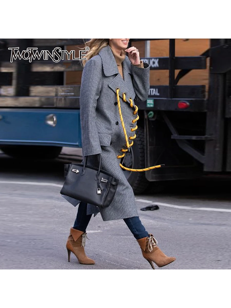 

TWOTWINSTYLE Solid Spliced Lace Up Fashion Coats for Women Lapel Long Sleeves Patchwork Double Breasted Casual Coat Female New