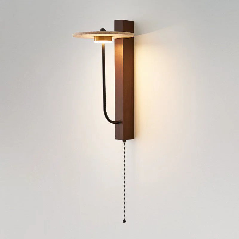 Wabi Sabi Yellow Travertine Wall Light Pull Chain Natural Stone Wood LED for Bedroom Bedside Living Room Hotel Decor