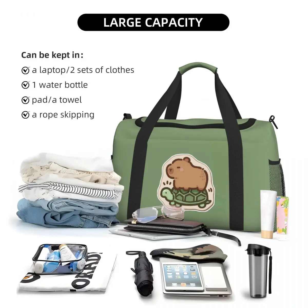 Capybara Riding A Turtle Portable Travel Bag,Large capacity sports Gym Bag, Lightweight carry on Luggage Duffle Bag coach Bag