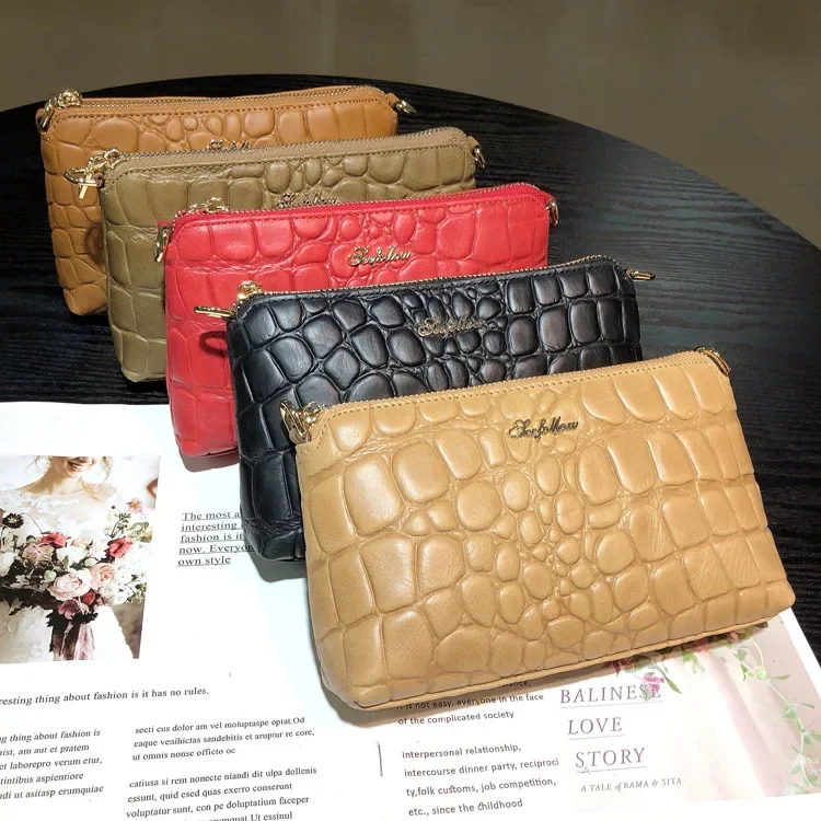 

Women Real Leather Cellphone Clutch Two-way Use Genuine Cow Leather Handbag Fashion Long Wallet with Wrist Strap 7-5