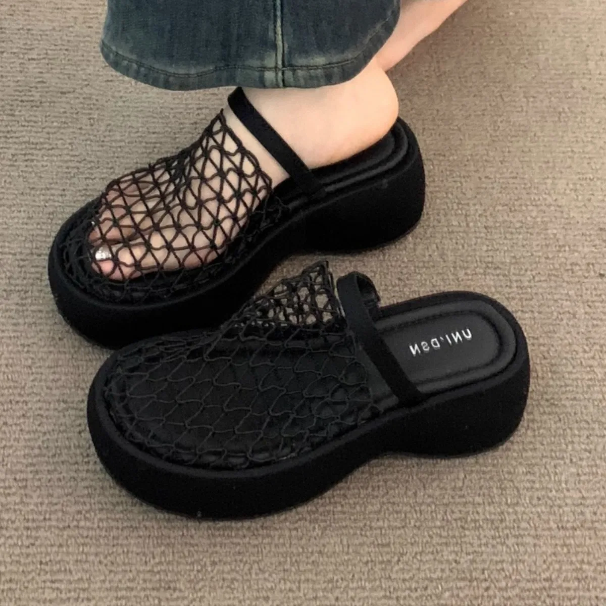 

Cover Toe High-Heeled Shoes Lady Slippers Casual Platform Increased Internal Black Sandals Slides Luxury Beige Soft Summer