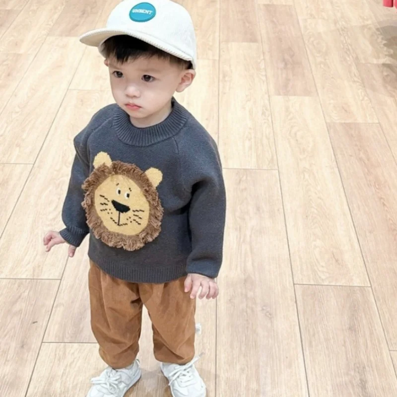 

Boys 0-3 Years Autumn Winter Children's Pullover Sweater 2025 Baby Cartoon Lion Knitted Top Kids Versatile Winter Jacket