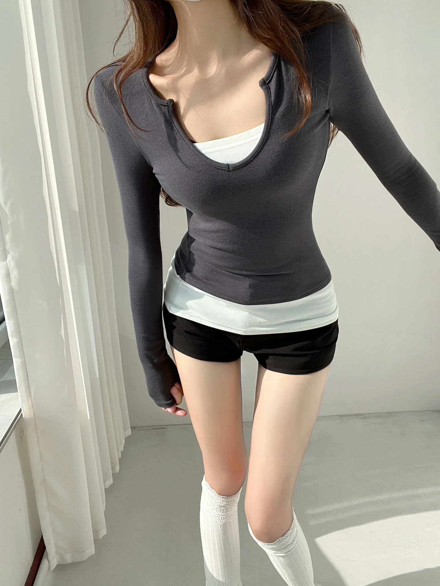 تأثير التخسيس الأمريكية الرجعية V-ne اللون بلو طويل Sve تي شيرت قاعدة irt عالية الخصر Ciwalk فتاة عادية Sle #2