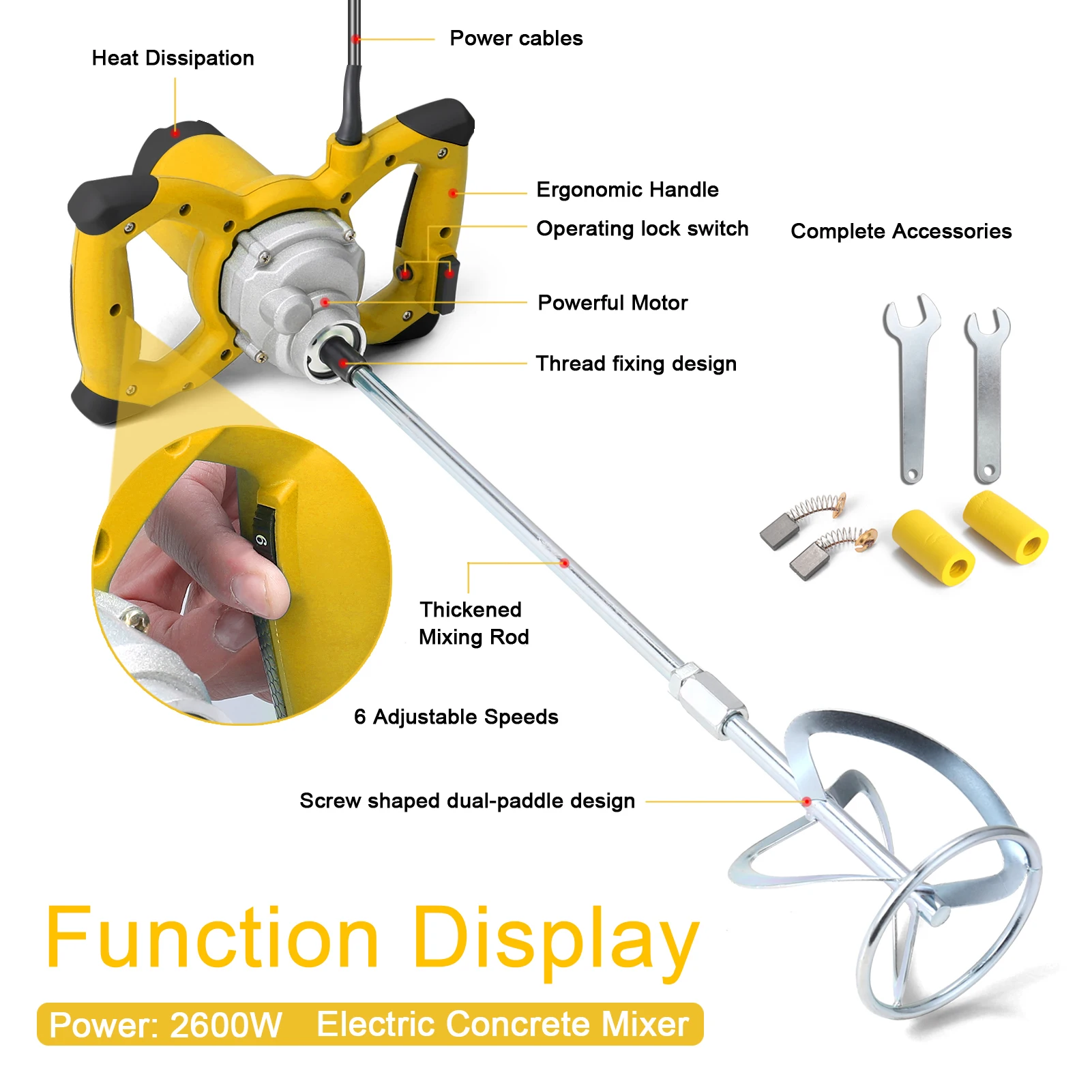 خلاط خرسانة كهربائي 2600 وات، ماكينة خلط أسمنت محمولة قابلة للتعديل بـ 6 سرعات لتحريك طلاء الجص Thinset Mortar #6