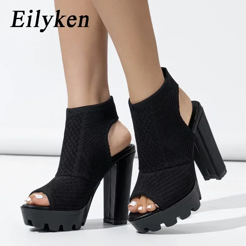 Eilyken Summer Stretch Fabric Sandals Womens Square High Heels Shoes Roman Style Open Toe Banquet Zapatos De Mujer