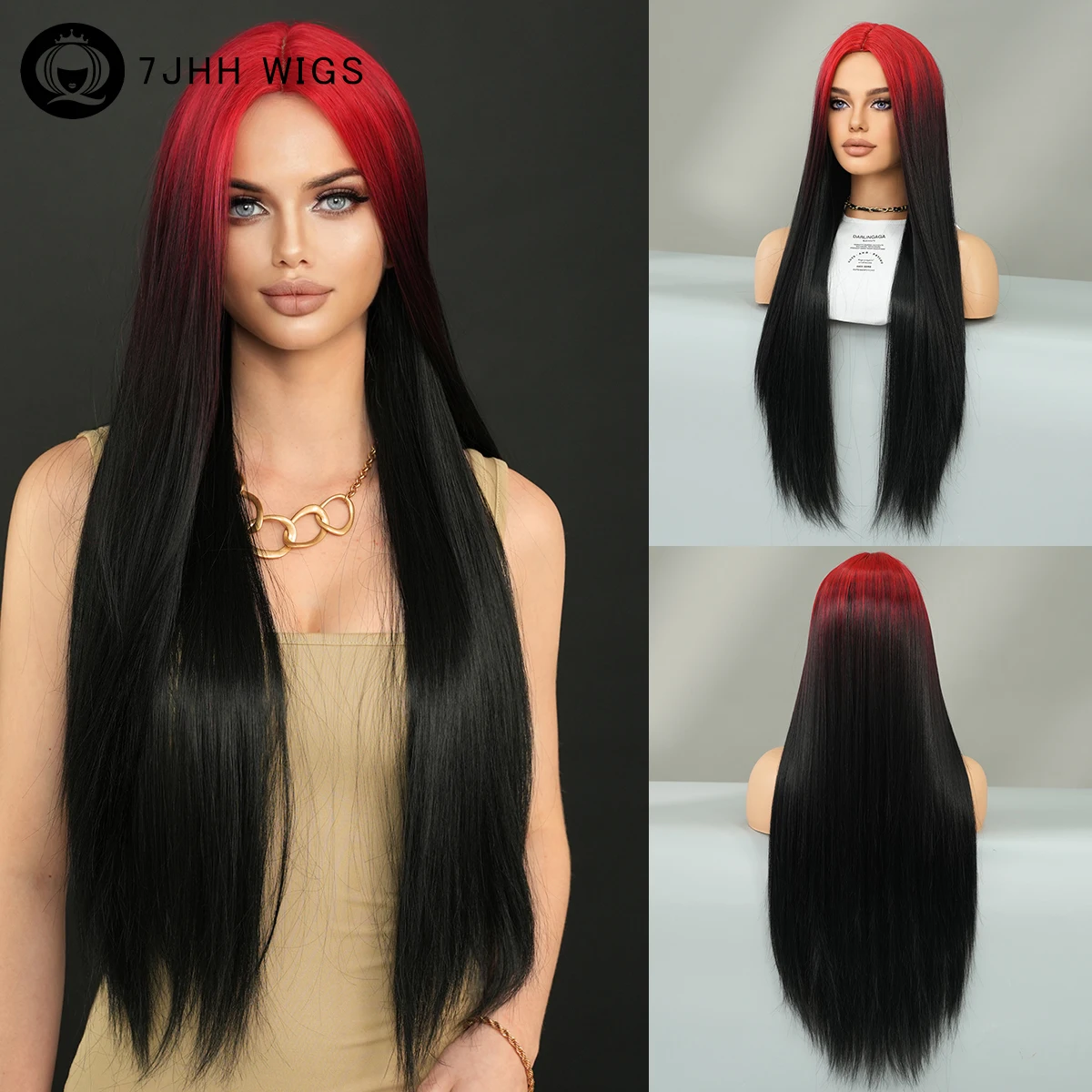 

7JHH WIGS Costume Wig Long Straight Red Ombre Black Wigs for Women Daily Party High Density Synthetic Middle Part Hair Wig