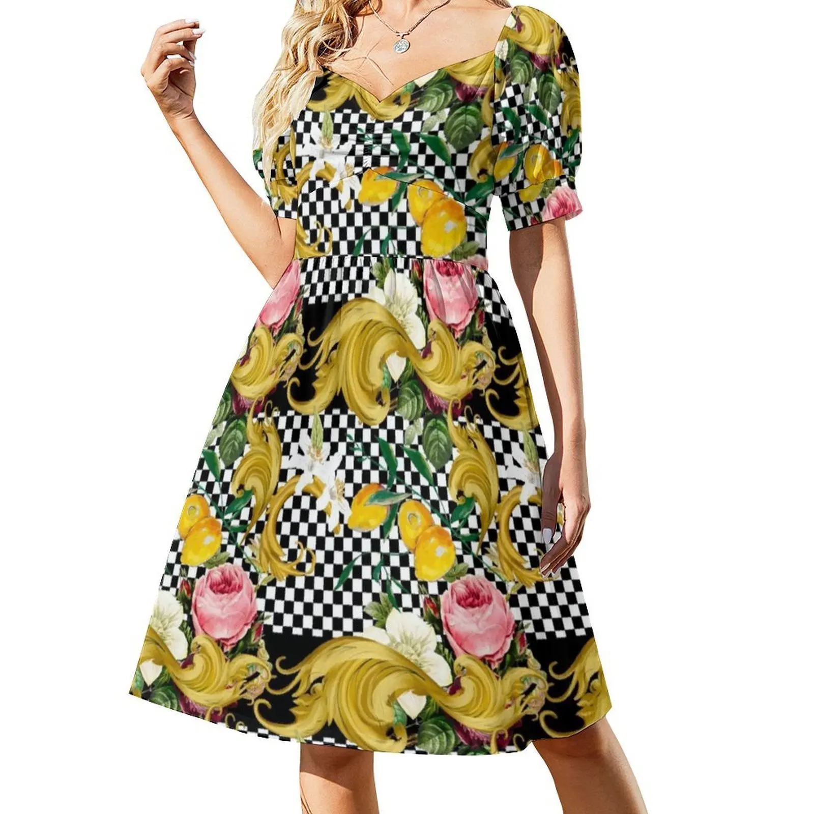 الشطرنج الباروك بلاط صقلية البحر الأبيض المتوسط فسيفساء المرأة الهيب هوب الشارع الشهير فستان الرسم طباعة ملابس نادي الحفلات صقلية #2