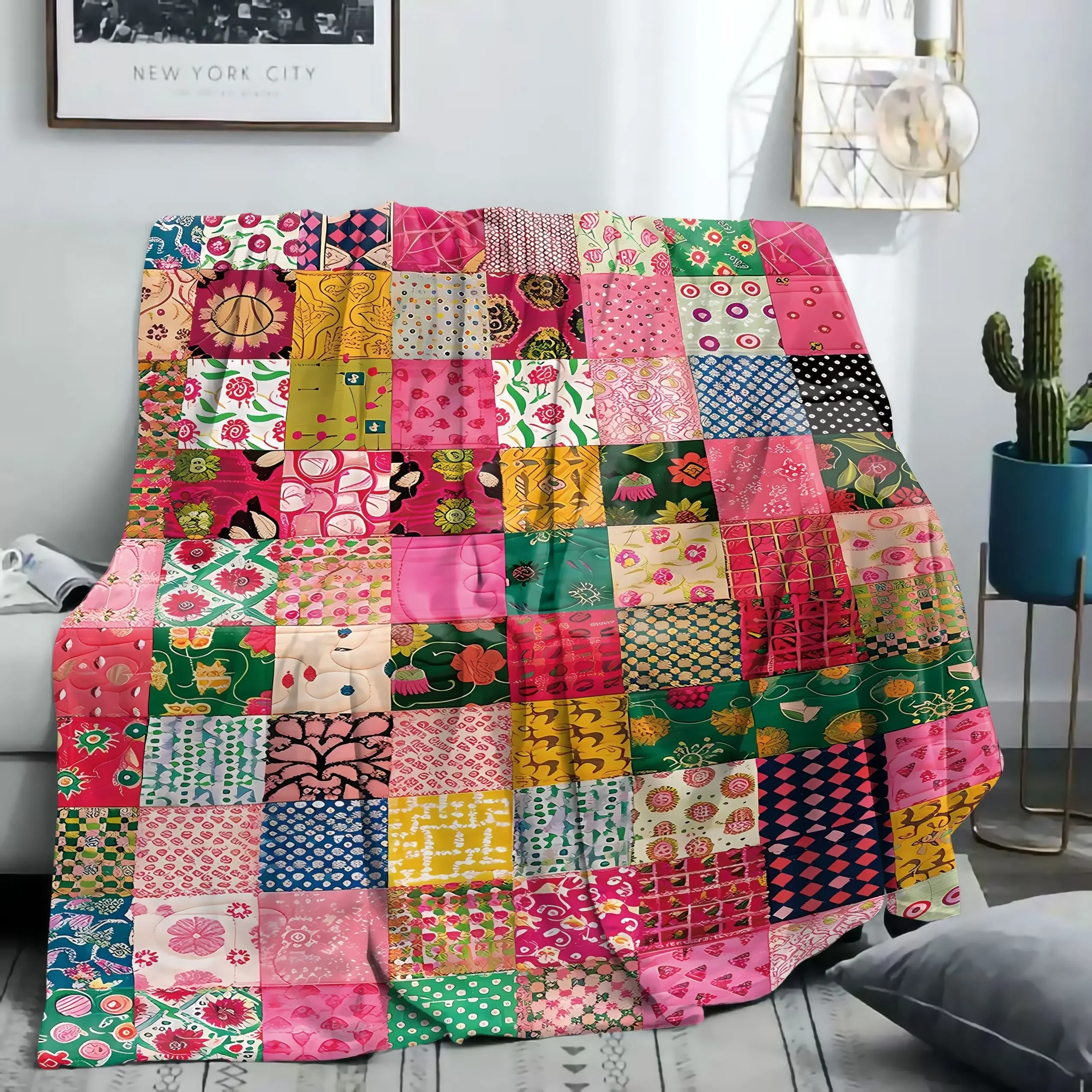 Helle Patchwork-Flanelldecke – weicher und gemütlicher Überwurf mit Blumen- und geometrischen Mustern für Bett, Sofa, Büro, Camping – Mitte C