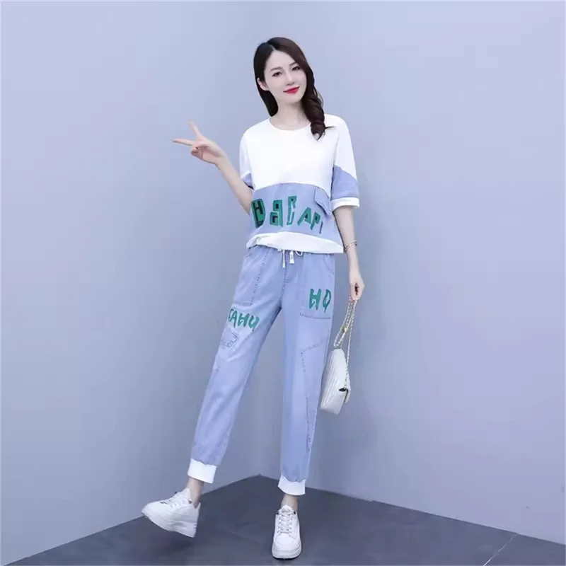 Cowboy Sports Suit Women\'s 2024 Summer New Fashion Loose Slim Short-sleeved Casual Two-piece Female Splicing Printing Denim Sets