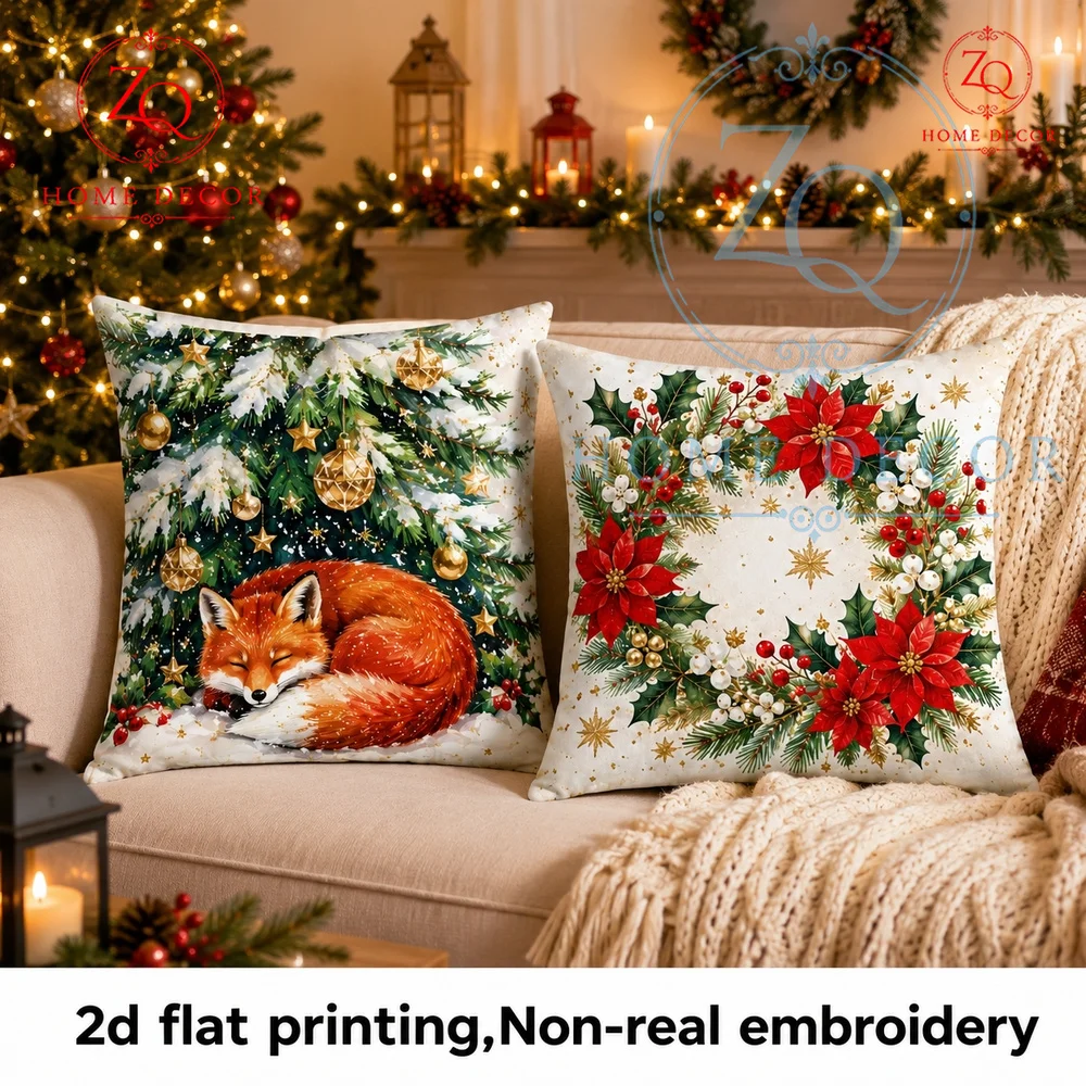Cozy Christmas Fox Throw Pillow Cover Winter Snowy Xmas Tree Printed Cushion Case for Sofa Couch Farmhouse Holiday Home Decor