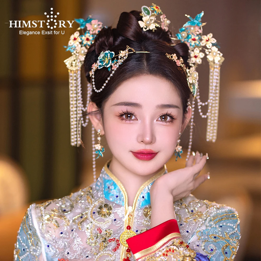 HIMSTORY Vintage Wedding Cloisonne Ancient Costume Headwear Chinese Bride Xiuhe Traditional Hanfu Dress Hair Accessories